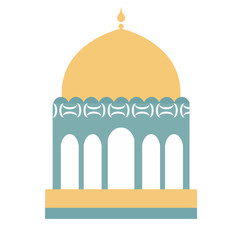 Flat vector of a mosque with golden dome and blue arches, perfect for Islamic celebration, Ramadan decor, or educational design use. © Art