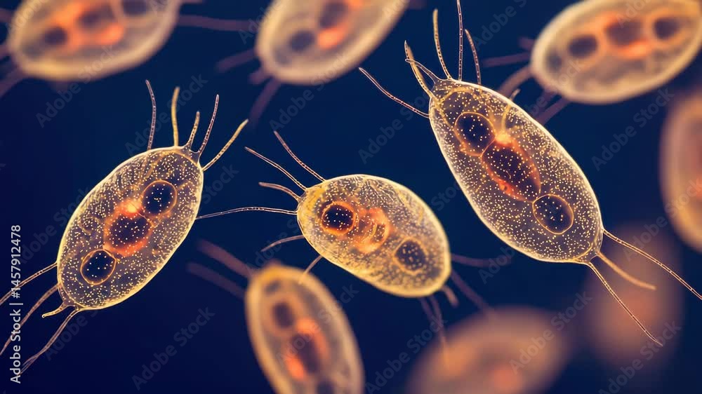 Poster microorganisms under microscope with bright background displaying details