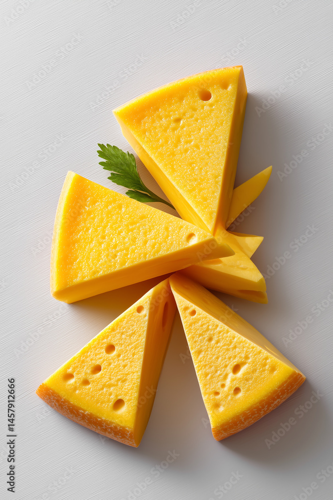 Poster triangle cheese slices arranged in a minimalist radial layout on white background highlight texture 