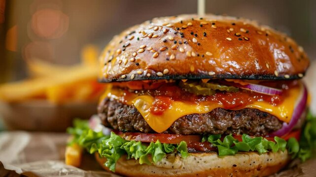 Delicious cheeseburger with sesame bun and fresh toppings beside fries