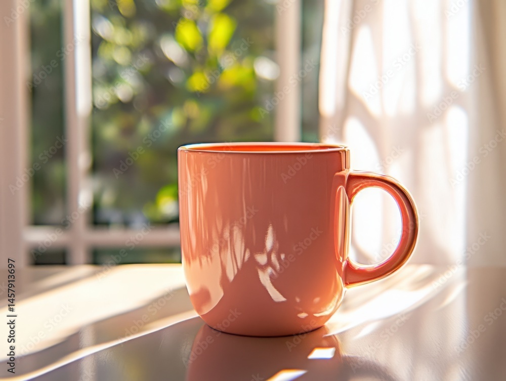 Poster close up of a mug sitting on a table in front of a bright window