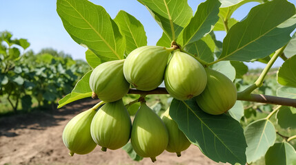 green unripe figs fruits on the branch of a fig tree or sycamine with plant leaves cultivated on wild garden farm homesteading in sunny summer day