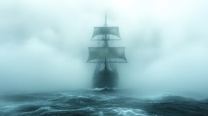 Fototapeta premium A solitary figure walks into the blue, dense fog, creating a mysterious and somber atmosphere.