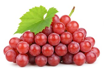 Fototapeta premium Fresh Red Grapes Bunch with Green Leaf Isolated White Background Food Vine Wine Fruit Sweet Juice