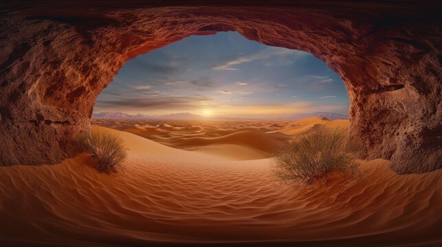 Sunset view from desert cave 360 panorama