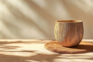 Wooden bowl on a wooden surface in soft sunlight.