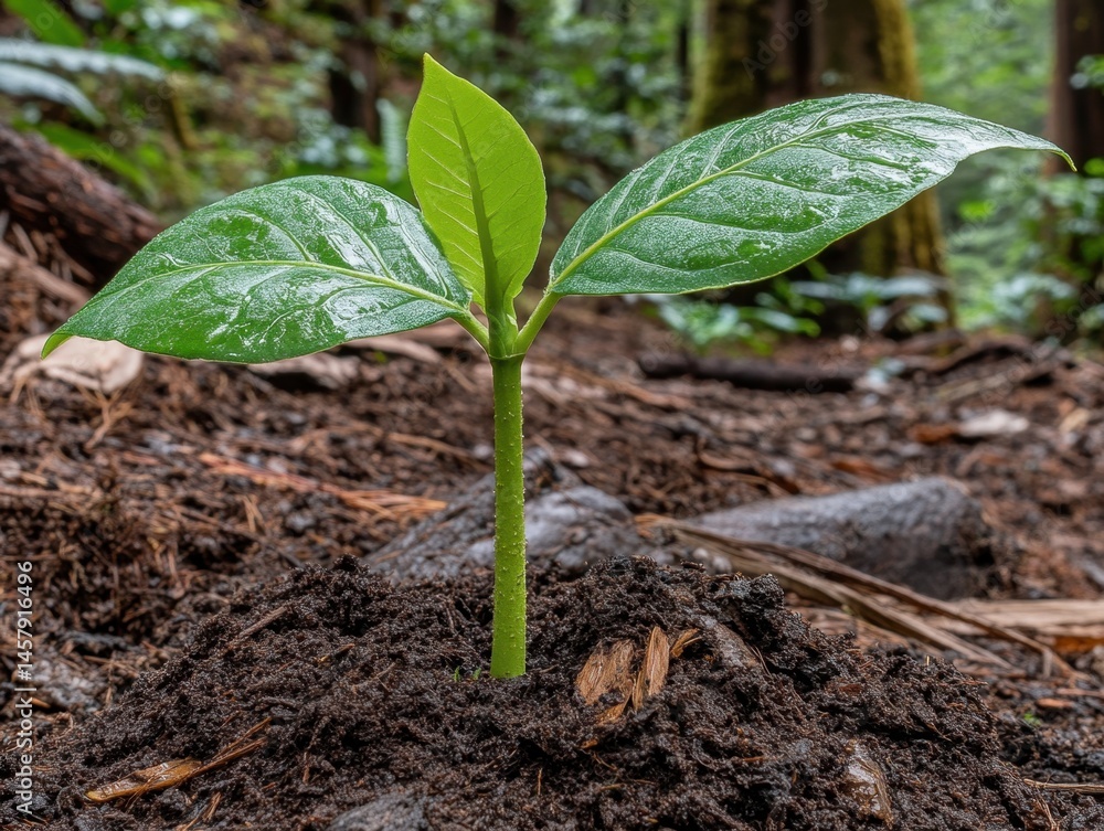 Poster sprout emerging from soil in forest floor low angle shot symbolizing new beginnings and environmenta