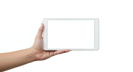 Human hand holding a blank white tablet against a clean white background, perfect for mockup, showcasing a digital display screen, advertising and technology
