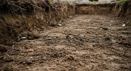 Obraz premium A close-up view of a freshly dug trench in the ground, showing the layers of soil, exposed roots, and loose dirt, ready for construction or landscaping work.
