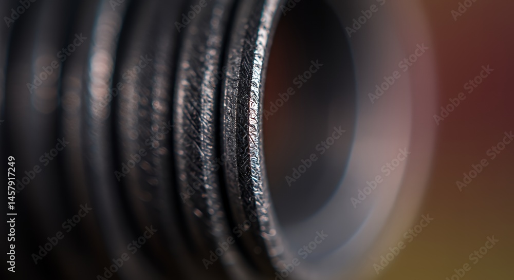 Poster macro photograph of a black metallic object with detailed texture and threading, showcasing a close-