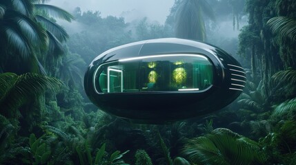 Futuristic floating house in tropical rainforest