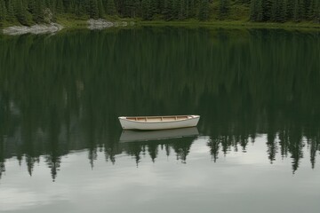 Obraz premium Solitary Rowboat Floating on Calm Lake Reflecting Forest Trees Serene Nature Scene Still Water Tranquil Atmosphere Wilderness Scenery Outdoor Recreation