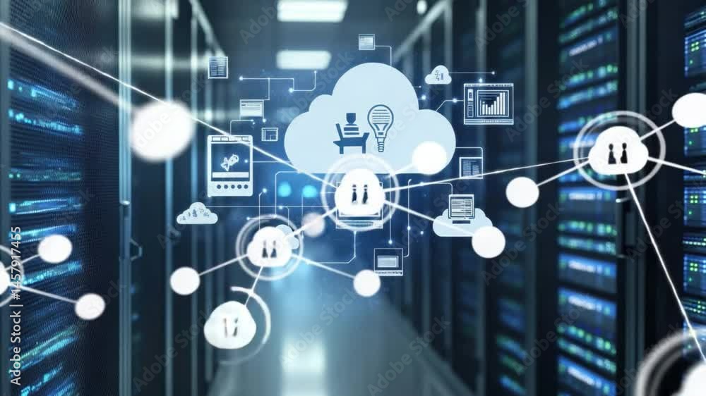 Aufkleber cloud computing concept with data storage and server room technology background 4k video