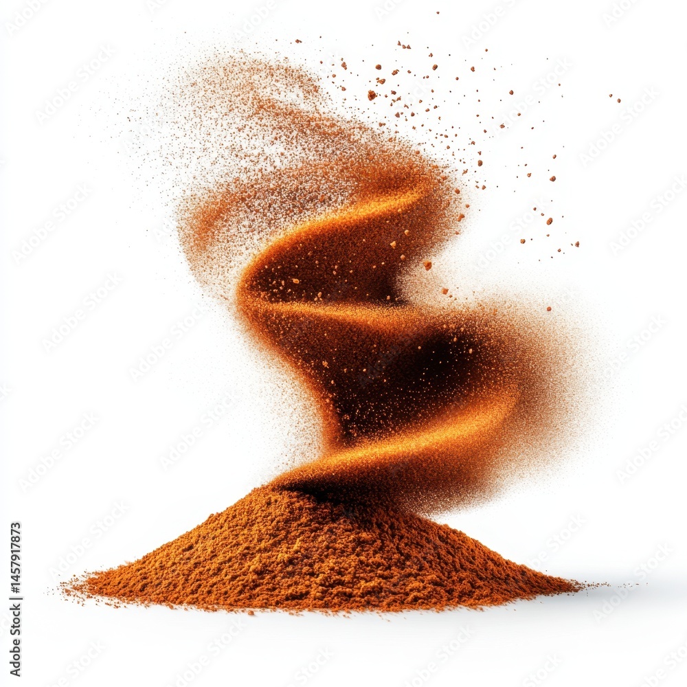 Poster heap of powder exploding in a spiral motion on white background studio shot abstract concept