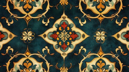 Intricate ornamental design, combining floral arabesques, rich palette, and textures