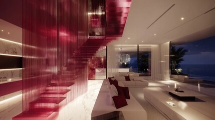 Luxurious interior design featuring a dramatic crimson staircase.