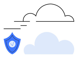 Abstract cloud graphic with a secure blue shield featuring a checkmark. Ideal for technology, cloud computing, cybersecurity, data protection, online safety, IT solutions, simple landing page