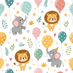 Naklejka premium Adorable baby lions and elephants joyfully celebrate with colorful balloons, floral accents, and playful party hats in a charming seamless pattern.