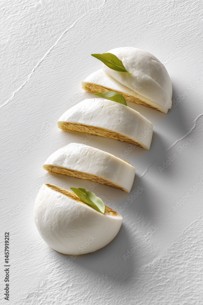 Aufkleber mozzarella slices displayed in minimalistic artistic style on seamless white surface. clean and brig