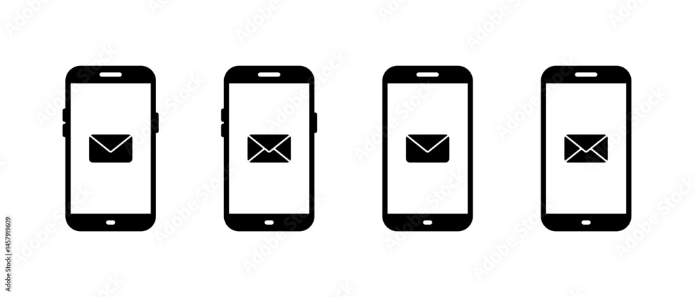 Aufkleber message on mobile phone screen icon set. new email on cellphone display sign symbol