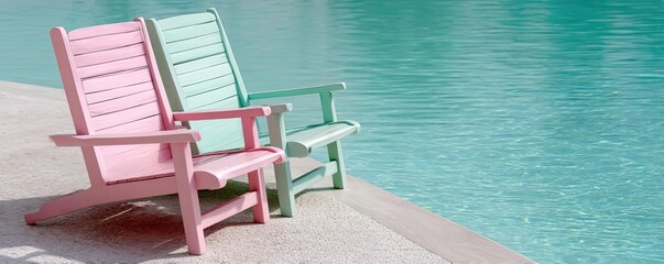 Fototapeta premium Pink summer vacation beside pool with nobody and chairs concept. Two colorful chairs by a serene pool, inviting relaxation.