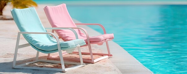 Fototapeta premium Pink summer vacation beside pool with nobody and chairs concept. Two colorful lounge chairs by a serene swimming pool.