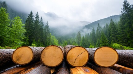 Tranquil Forest Scene with Logs Under Foggy Mountain Landscape