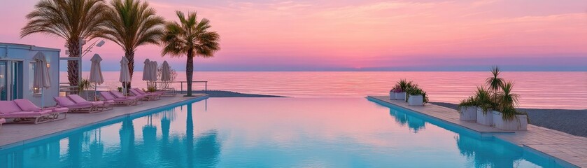 Pink summer vacation with pastel colours by the beach concept. A tranquil sunset by a luxury pool surrounded by palm trees.