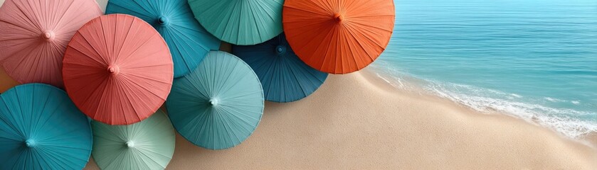 Pink summer vacation with nobody at pastel beach pool concept. Colorful beach umbrellas by the turquoise sea and sandy shore.