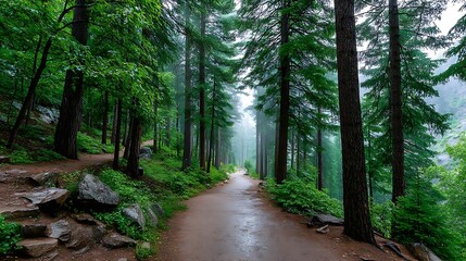 Obraz premium Lush Green Forest Pathway Surrounded by Mist and Tall Evergreen Trees in Nature