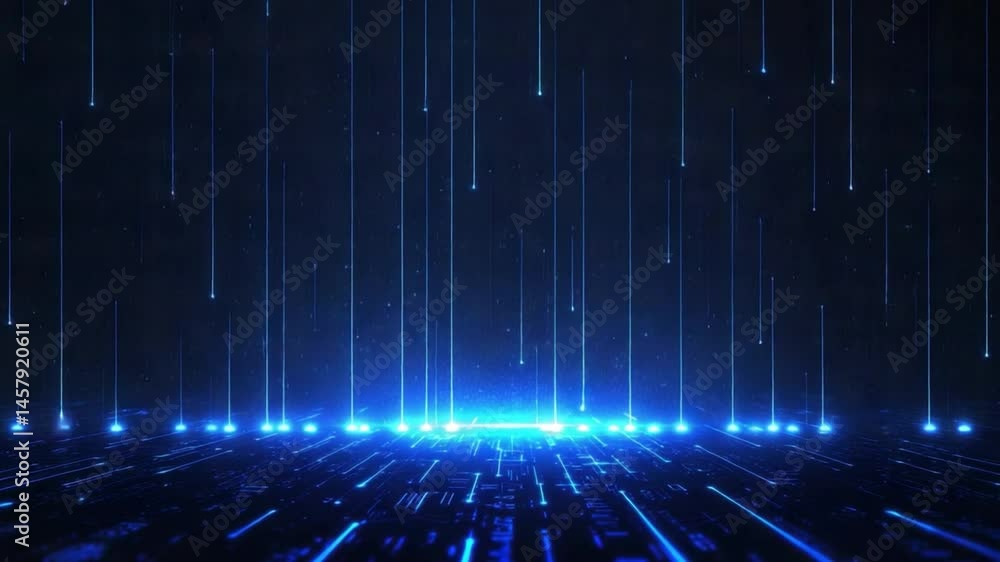 Sticker futuristic blue light rays in dark space, digital background with glowing particles and vertical lin