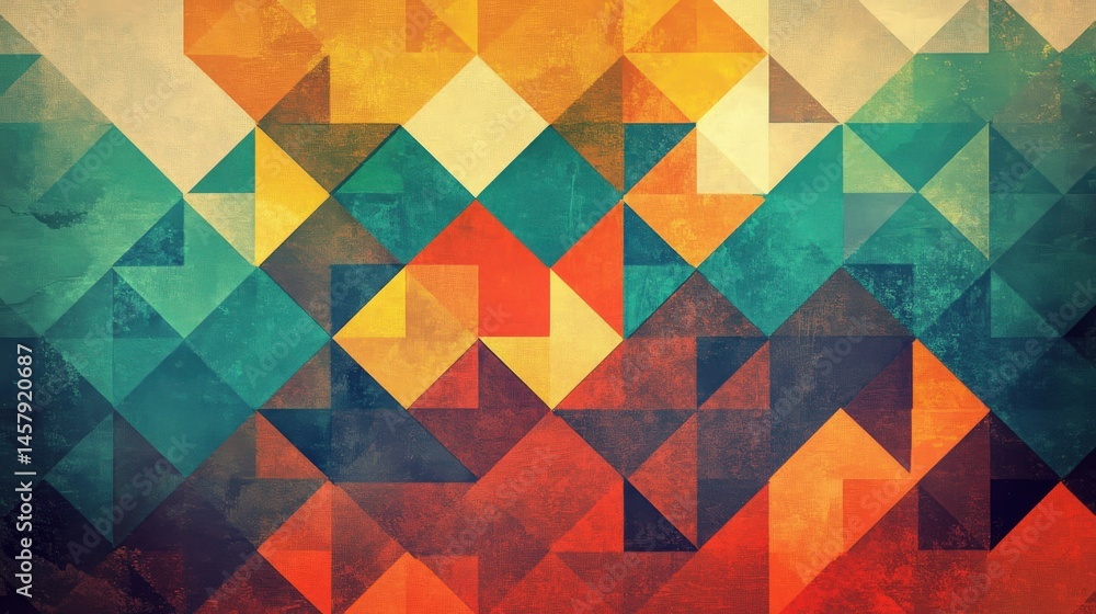 Poster retro geometric composition featuring triangles with a faded color palette