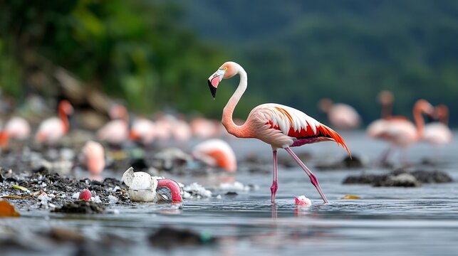 Flamingos Wading Through Polluted Waters in Diminishing Habitat