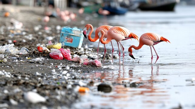 Flamingos Struggling in Pollution-Heavy Habitat by Water's Edge