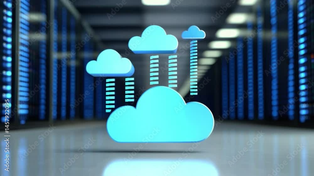 Poster blue cloud computing icons with digital data streams in a high-tech data center environment 4k video
