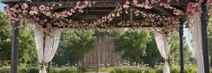 Pink and white floral bunting draped from a rustic metal gazebo , pink, floral design
