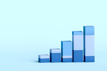 3D blue bar graph with increasing growth on blue background. with copy space and business report design