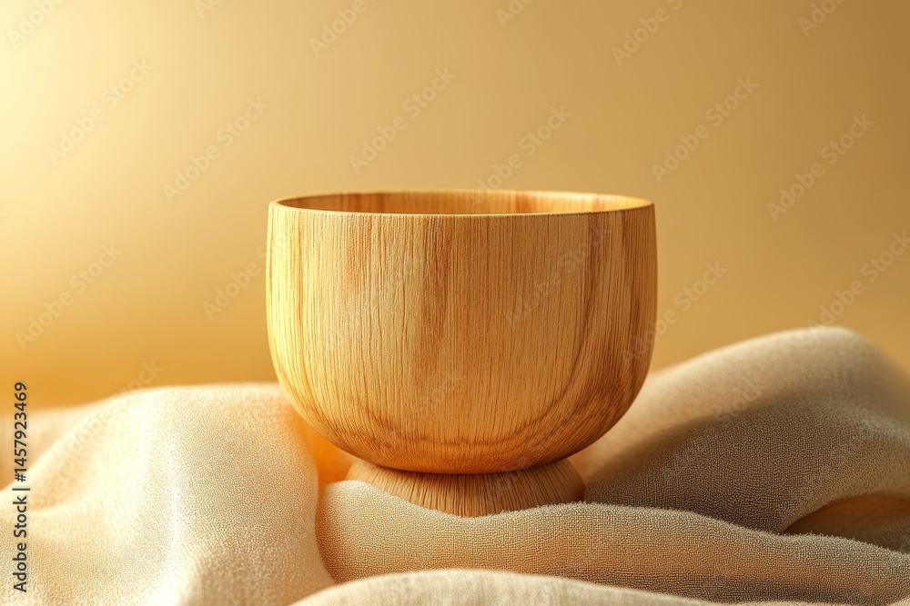 Poster empty wooden bowl resting on a soft fabric surface.