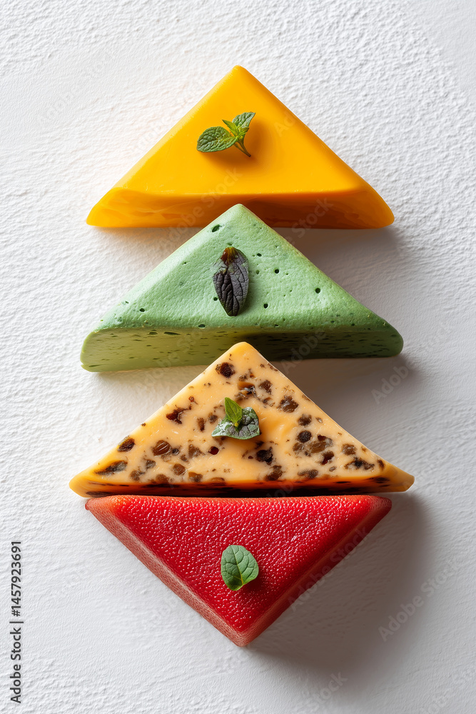 Poster colorful cheese sampler arranged in triangular shapes with varied textures. minimalist presentation 