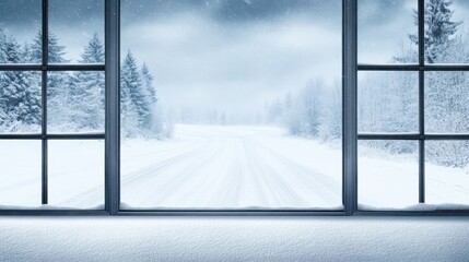 Fototapeta premium Snowy road and forest through frosted window