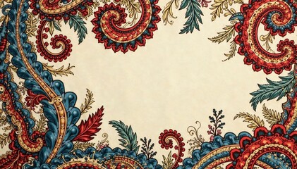 Bold, swirling paisley print in muted earth tones on natural linen , earth tones, linen texture, cream