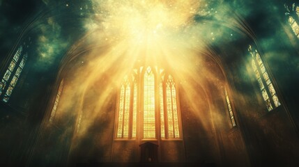 Obraz premium Church Interior with Stained-Glass Windows and Light Rays