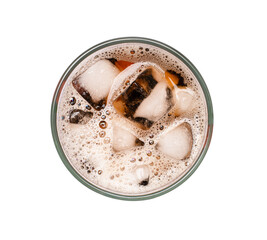 Glass of cola with ice cubes on white background. Top view	