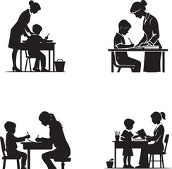 Teacher and student Set study at desk silhouette on white background
