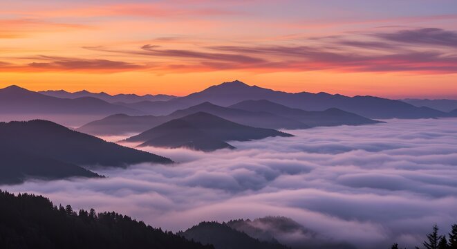 Misty mountain range with dramatic clouds at sunrise (horizontal).

