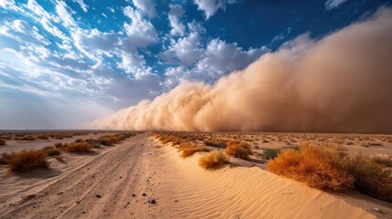 Panorama sand storm in arid desert with massive wind concept. Dramatic dust storm sweeping across a vast desert landscape.
