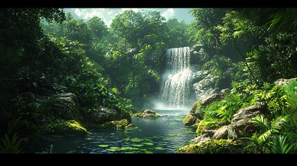 The waterfall forest is lush with vegetation