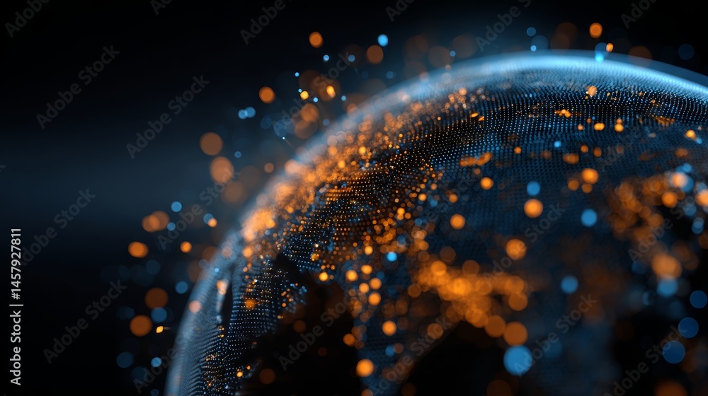 Poster global digital network visualization – 3d spherical data representation with binary overlay, interco
