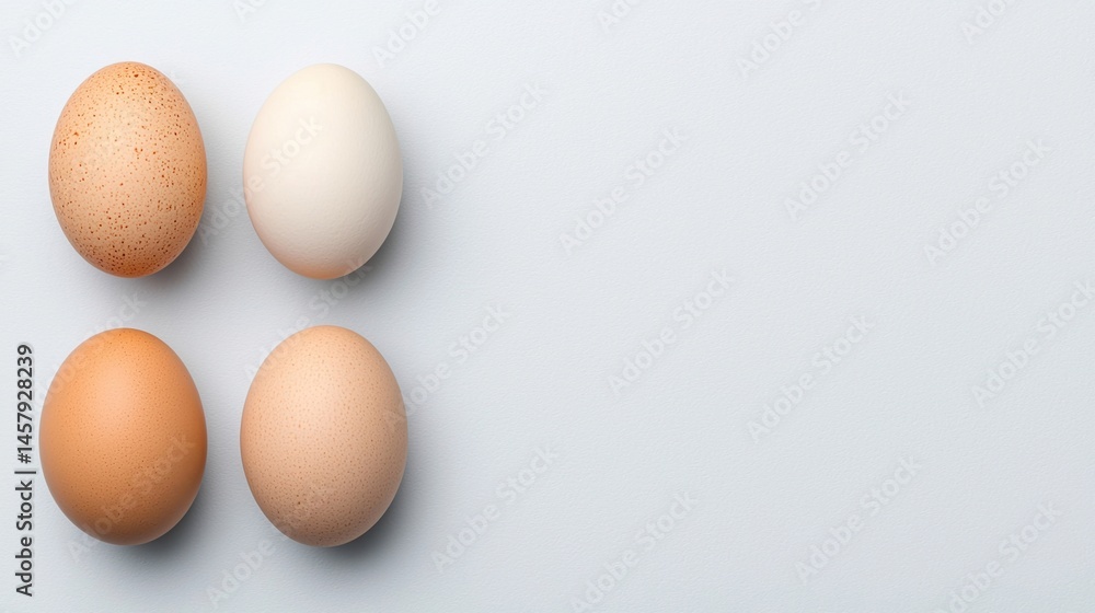 Aufkleber four eggs of different colors are arranged in a grid on a plain light background with empty space on