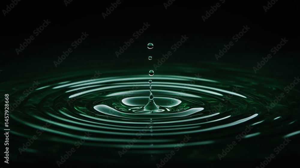 Poster a close-up image of a water droplet falling and creating ripples on a dark, reflective surface.